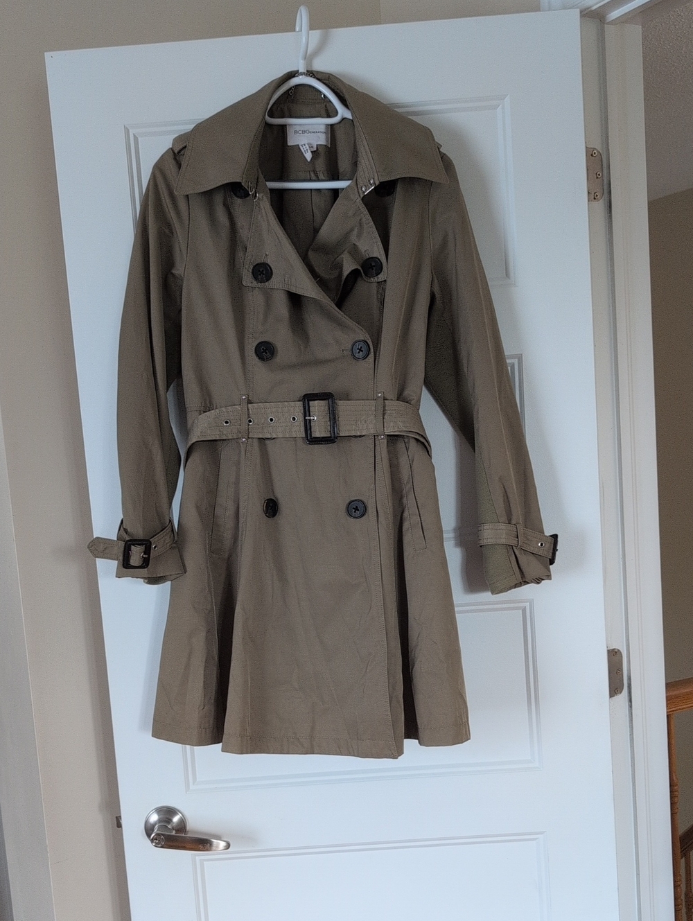 BCBGeneration Olive Green Double-Breasted Trench Coat with Belt